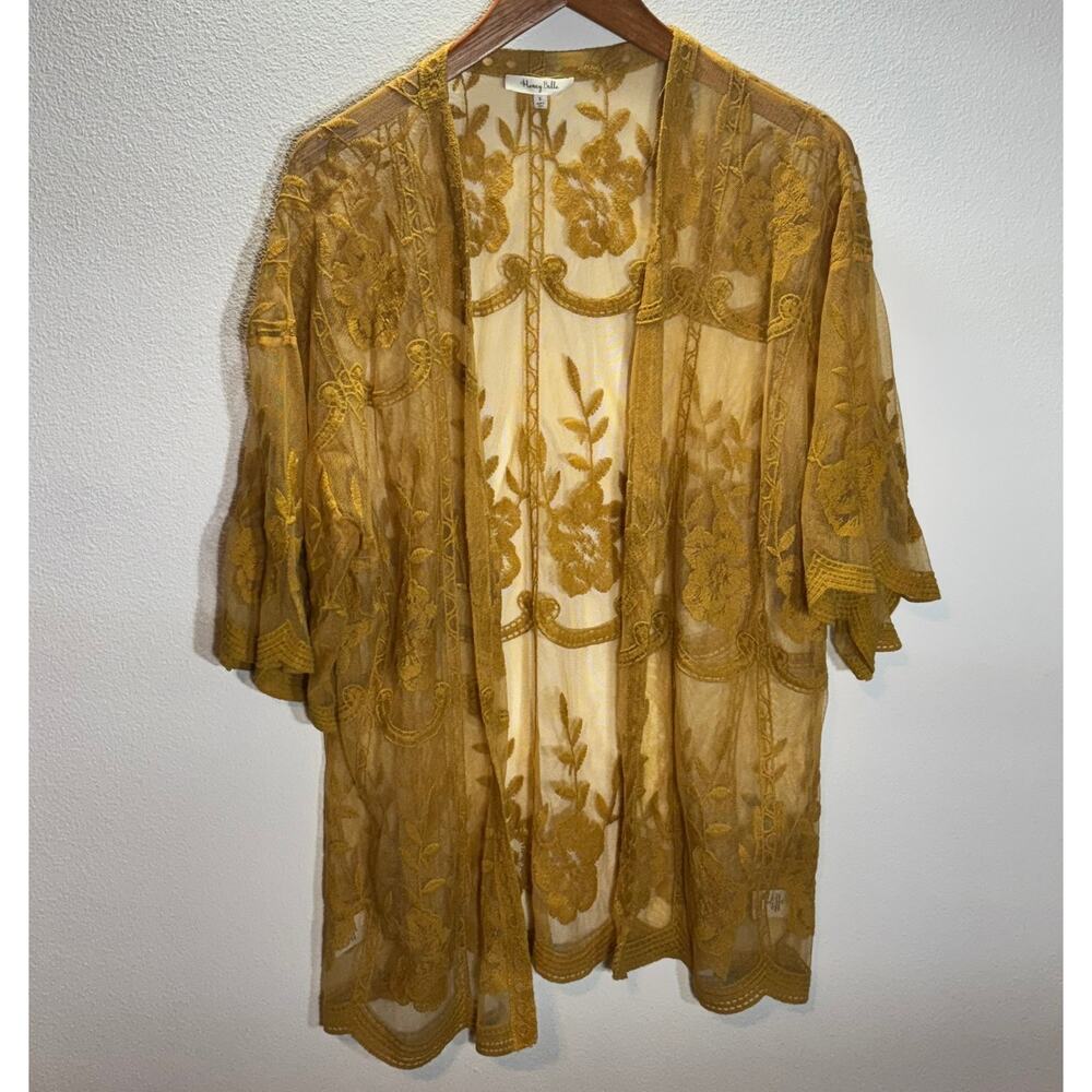 Honey Belle Mustard Embroidered Sheer Kimono Cardigan Women’s Size Small